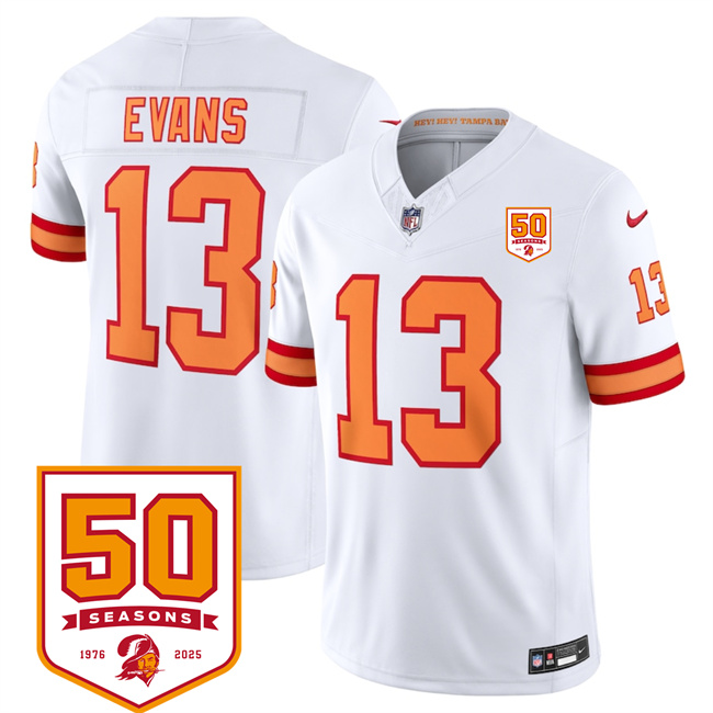 Men's Tampa Bay Buccaneers #13 Mike Evans White 2025 F.U.S.E. 50th Anniversary Patch Vapor Limited Stitched Jersey